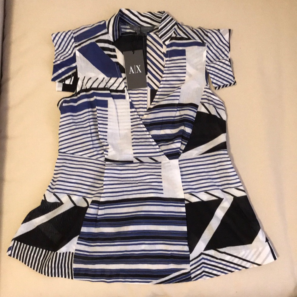 A/X NWT Blouse in White, Blue & Black Design